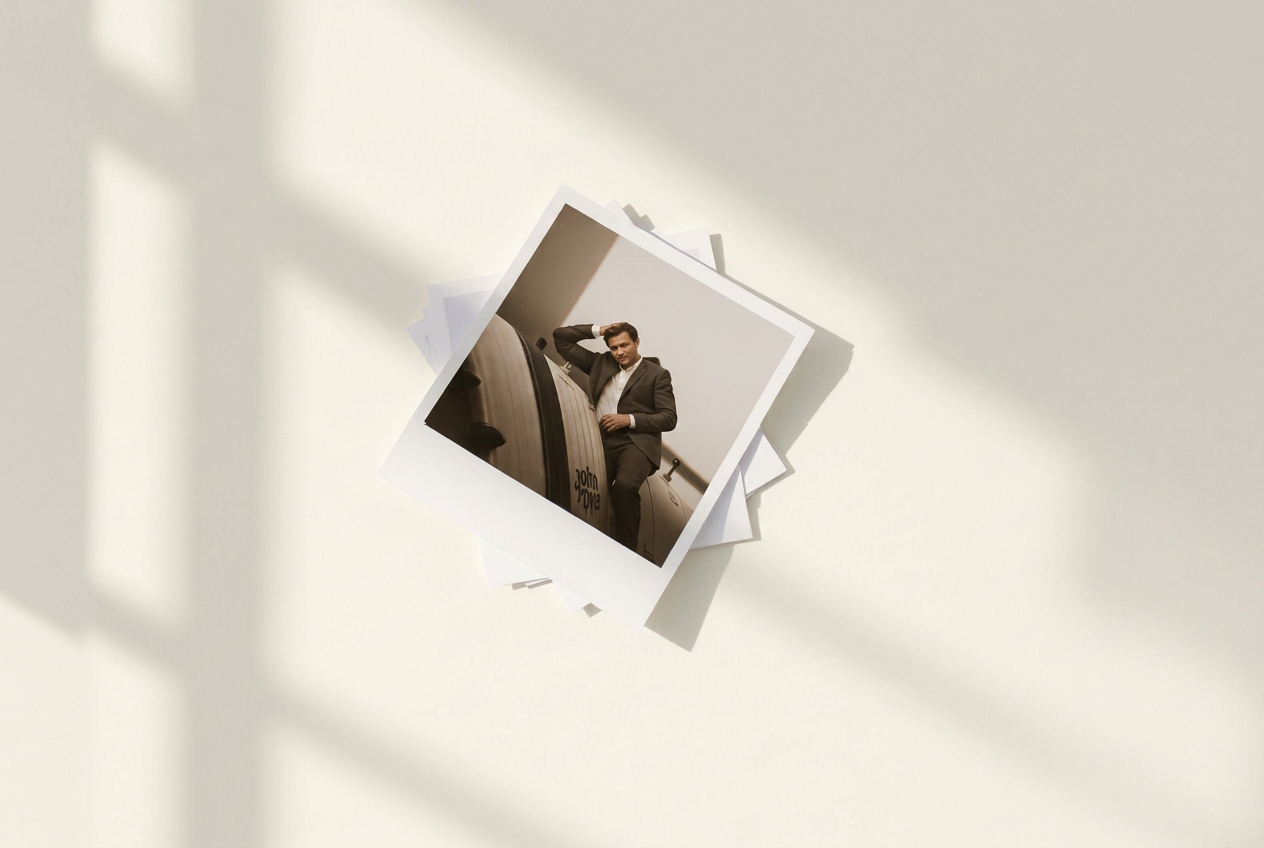 A stack of printed photographs on a warm surface